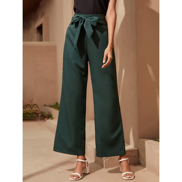 

Solid Wide Leg Belted Pants, Dark green