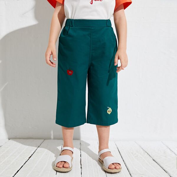 

Toddler Girls Elastic Waist Embroidery Cartoon Capri Pants, Teal blue