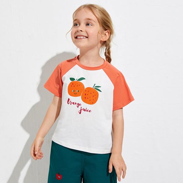 

Toddler Girls Contrast Raglan Sleeve Letter & Orange Print Tee, White