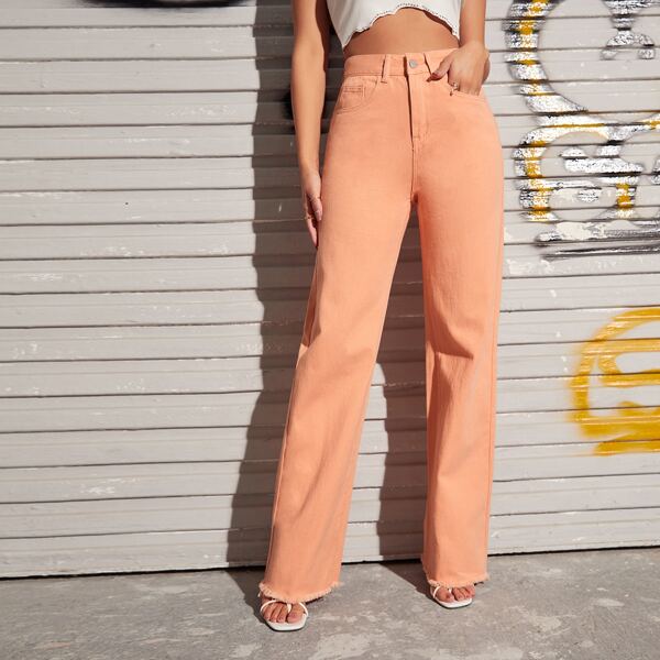 

High Waist Raw Hem Wide Leg Jeans, Baby pink