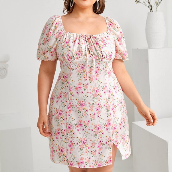 

Plus Floral Split Detail Milkmaid Dress, Multicolor