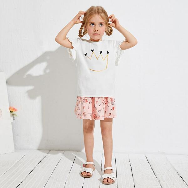 

Toddler Girls Crow Print Flounce Sleeve Tee, White