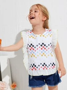 SHEIN Top con bordado con ojal geométrico ribete con fruncido - Blanco - Ver 1