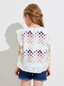 SHEIN Top con bordado con ojal geométrico ribete con fruncido - Blanco - Ver 2