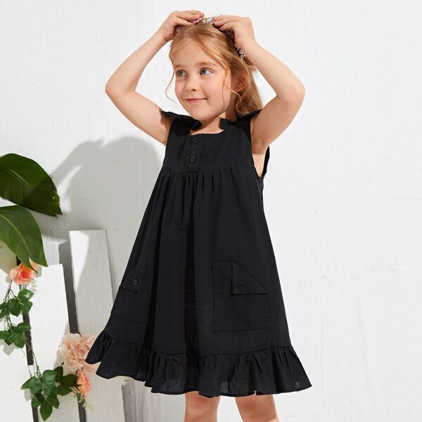 

Toddler Girls Knotted Shoulder Ruffle Hem Dress, Black