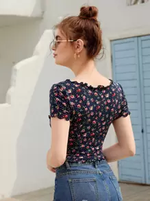 SHEIN EZwear 滿版花卉和波卡圓點圖案生菜邊短版T恤 - 彩色 - 查看 2