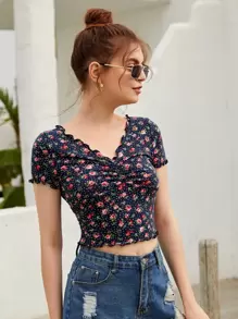 SHEIN EZwear 滿版花卉和波卡圓點圖案生菜邊短版T恤 - 彩色 - 查看 3