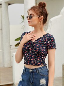 SHEIN EZwear 滿版花卉和波卡圓點圖案生菜邊短版T恤 - 彩色 - 查看 4