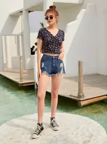 SHEIN EZwear 滿版花卉和波卡圓點圖案生菜邊短版T恤 - 彩色 - 查看 5