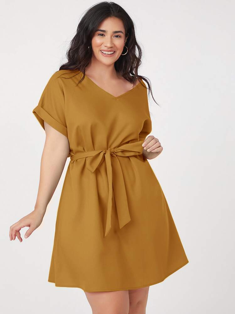 SHEIN Plus Roll Up Sleeve Solid Belted Dress - Ginger - View 1
