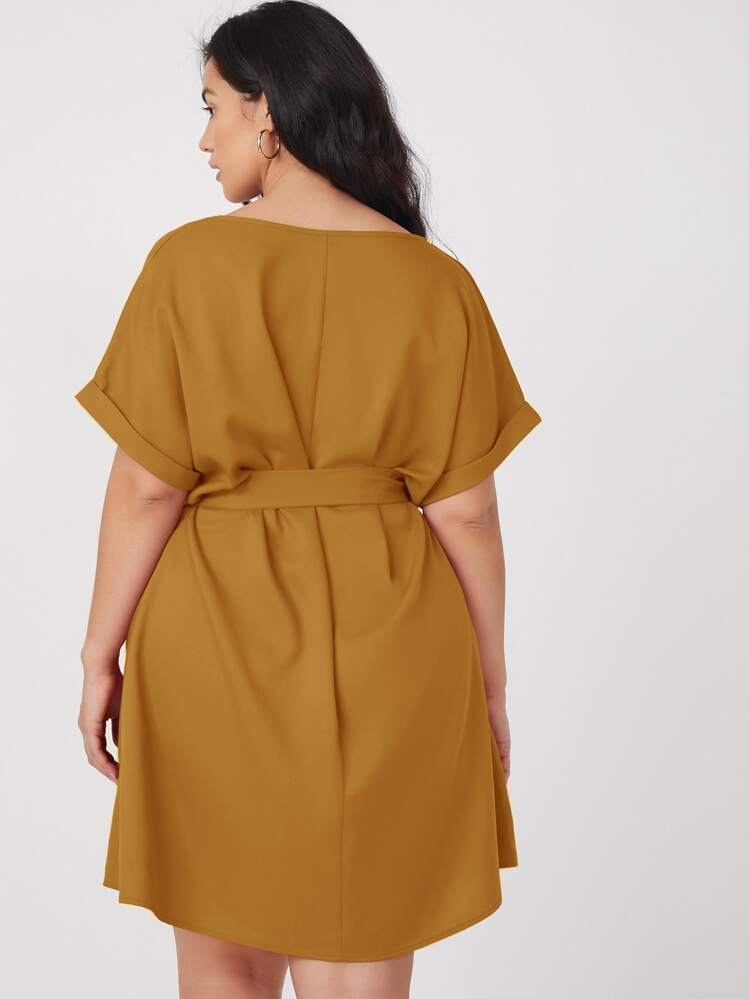 SHEIN Plus Roll Up Sleeve Solid Belted Dress - Ginger - View 2