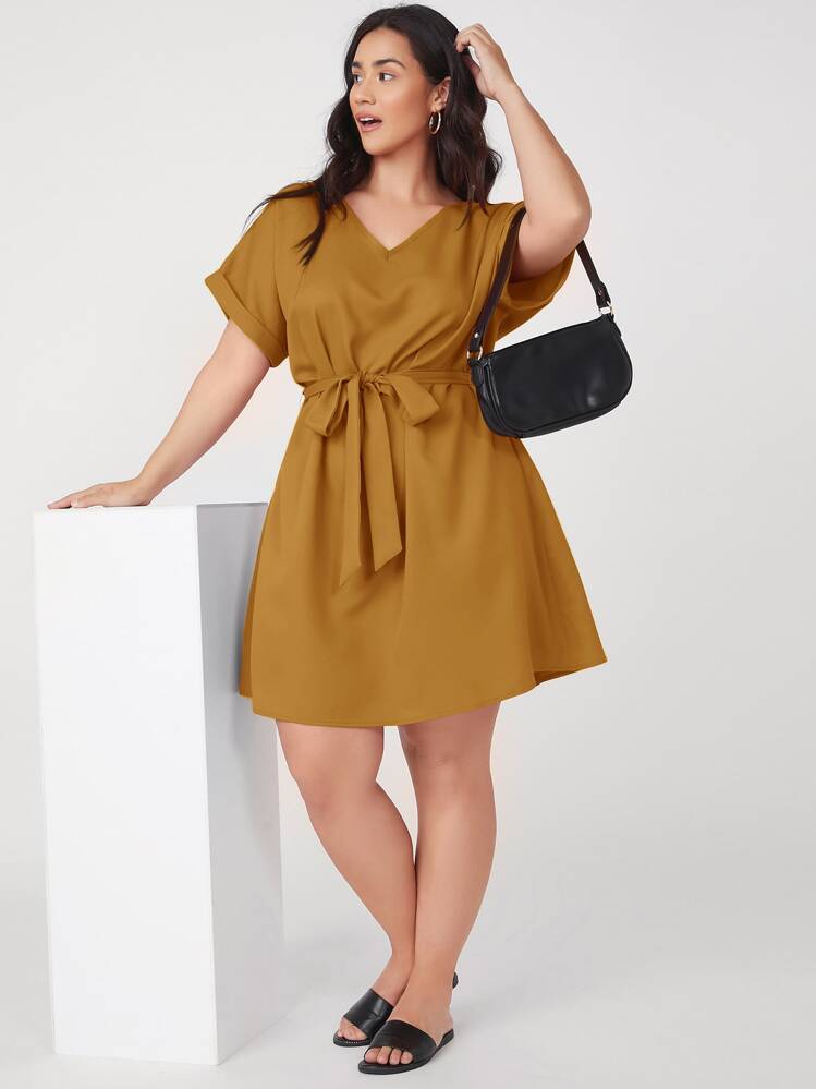 SHEIN Plus Roll Up Sleeve Solid Belted Dress - Ginger - View 4