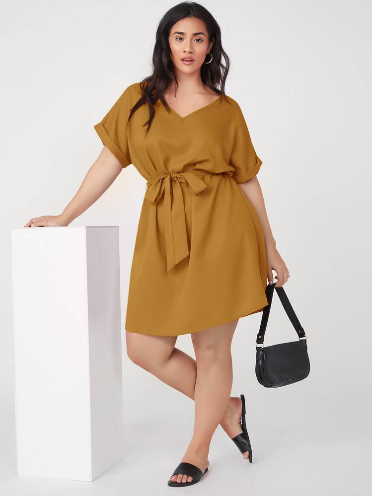 SHEIN Plus Roll Up Sleeve Solid Belted Dress - Ginger - View 5