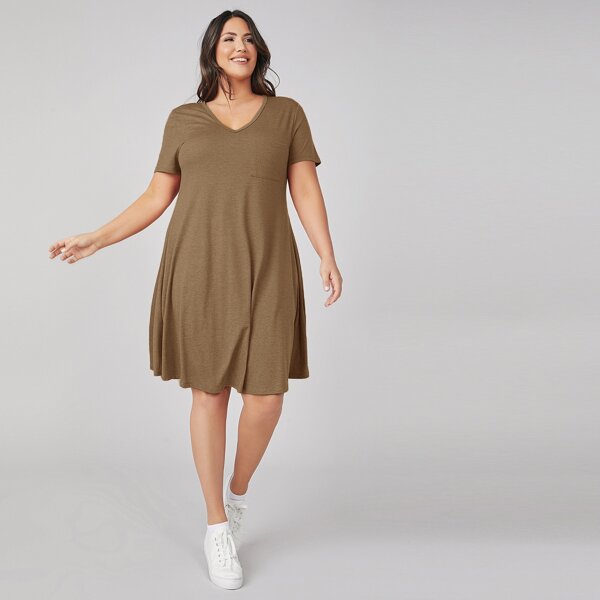 

Plus Patch Pocket Solid Tee Dress, Mocha brown