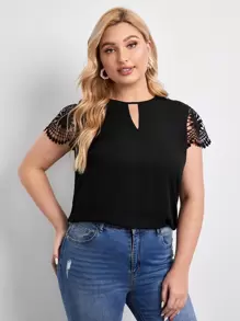 SHEIN Clasi Plus Keyhole Neck Lace Sleeve Top - Black - View 1
