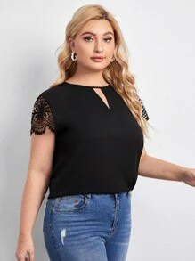 SHEIN Clasi Plus Keyhole Neck Lace Sleeve Top - Black - View 3