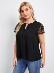 SHEIN Clasi Plus Keyhole Neck Lace Sleeve Top - Black - View 4