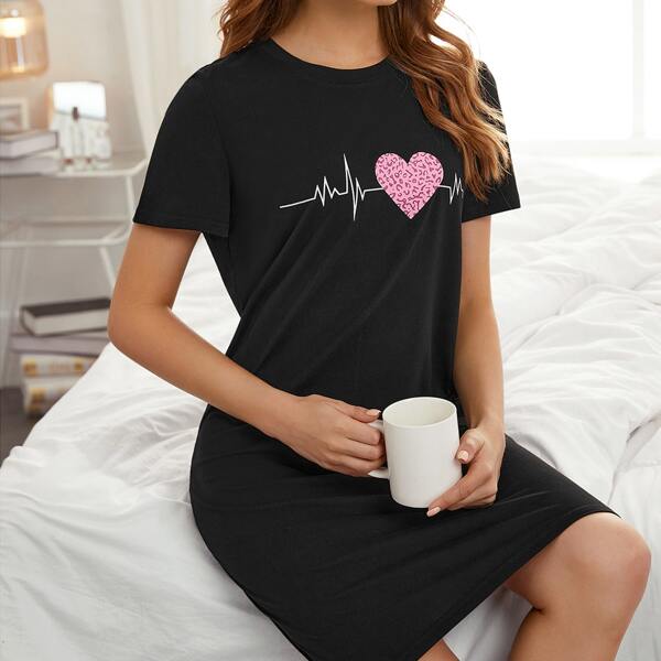 

Heart And Graphic Print Tee Dress, Black