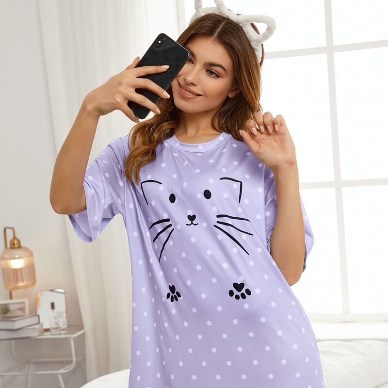 

Cartoon And Polka Dot Sleep Dress, Lilac purple