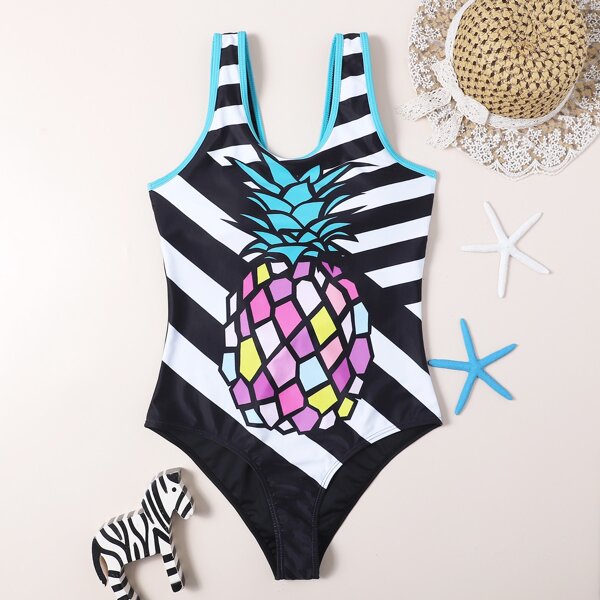 

Girls Pineapple & Striped One Piece Swimsuit, Multicolor