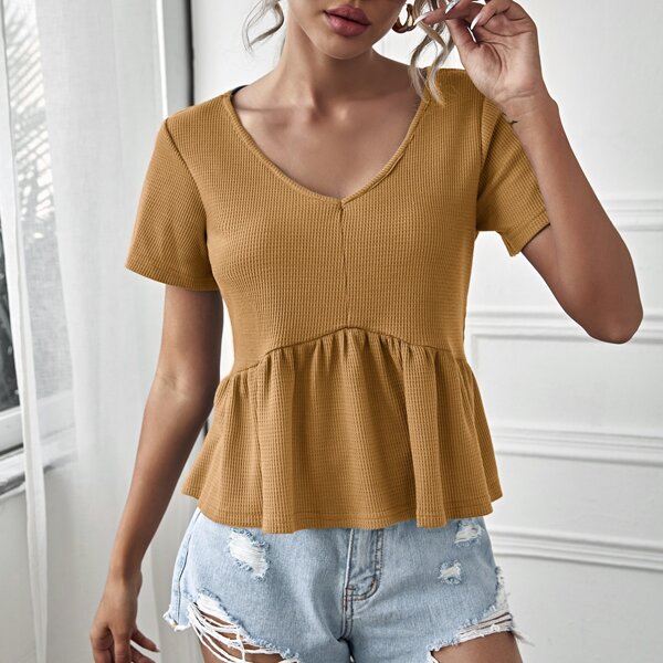 

Solid Ruffle Hem Tee, Yellow