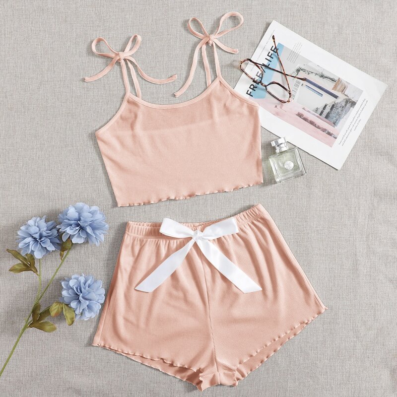 

Rib-knit Bow Front Cami Lounge Set, Baby pink