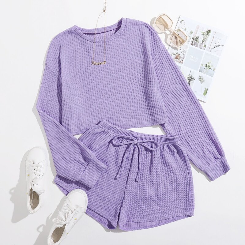 

Drop Shoulder Waffle Knit Lounge Set, Lilac purple