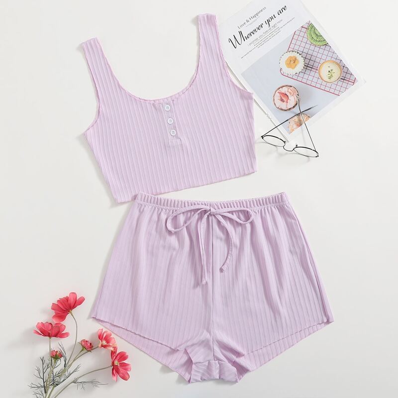 

Rib Knit Crop Tank Top & Shorts Lounge Set, Lilac purple