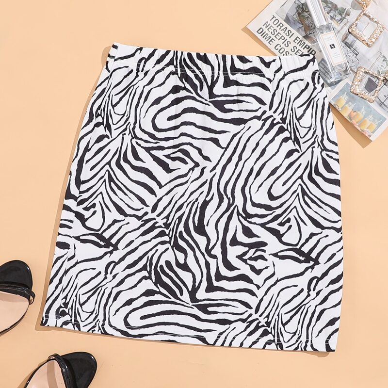 

Zebra Striped Elastic Waist Skirt, Black and white