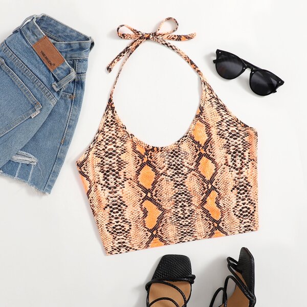 

Snakeskin Print Crop Halter Top, Multicolor