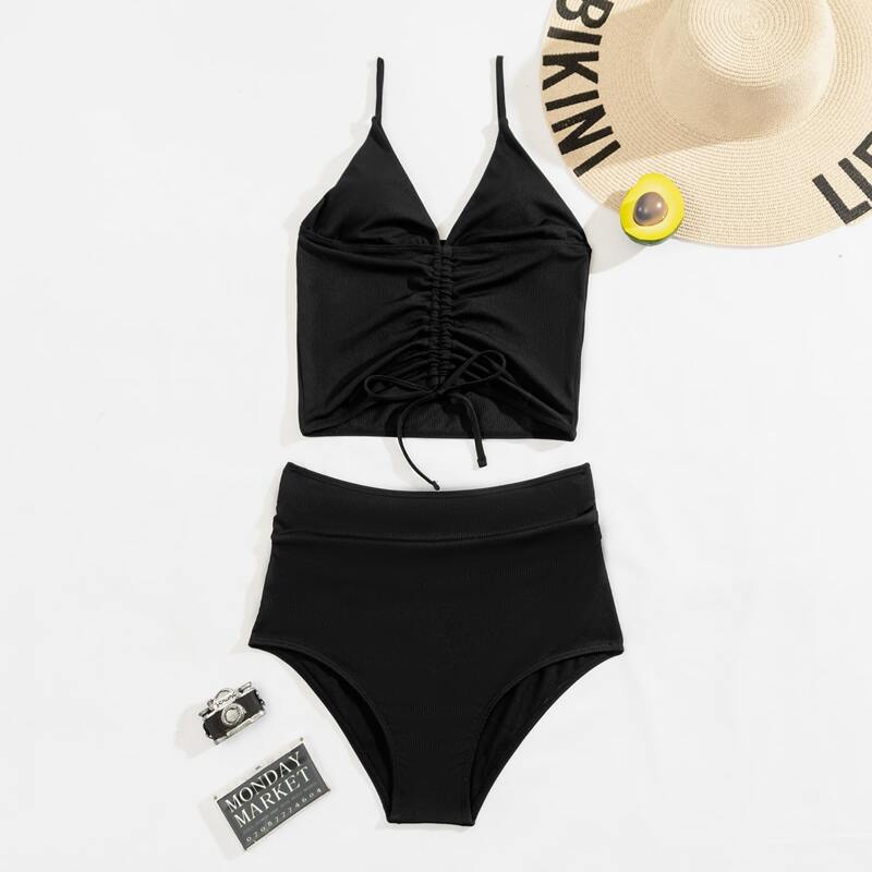 

Drawstring Decor Ruched High Waisted Bikini Swimsuit, Black