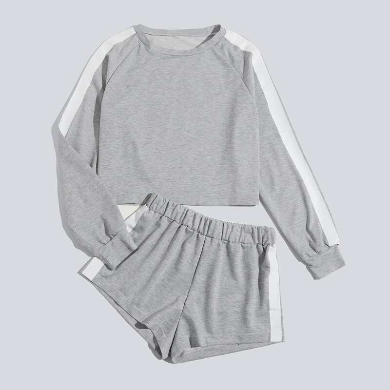 

Striped Trim Sweatshirt & Shorts PJ Set, Grey