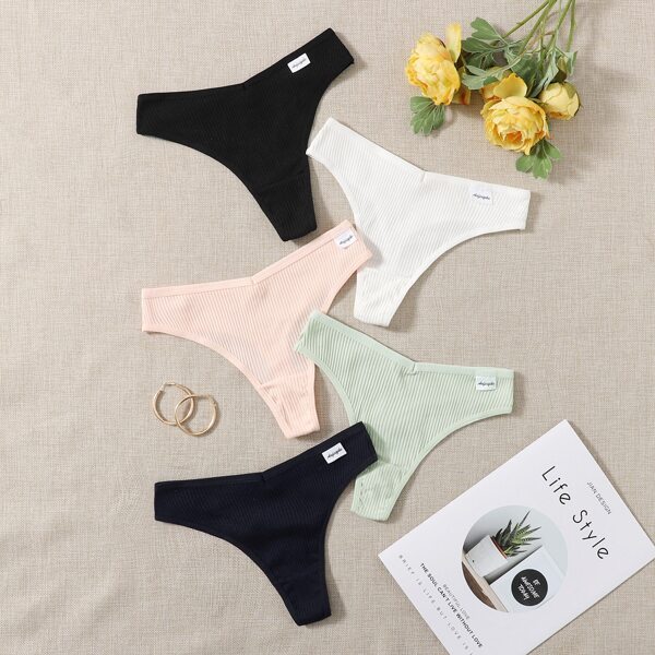 

5pack Rib Letter Tape Decor Panty Set, Multicolor