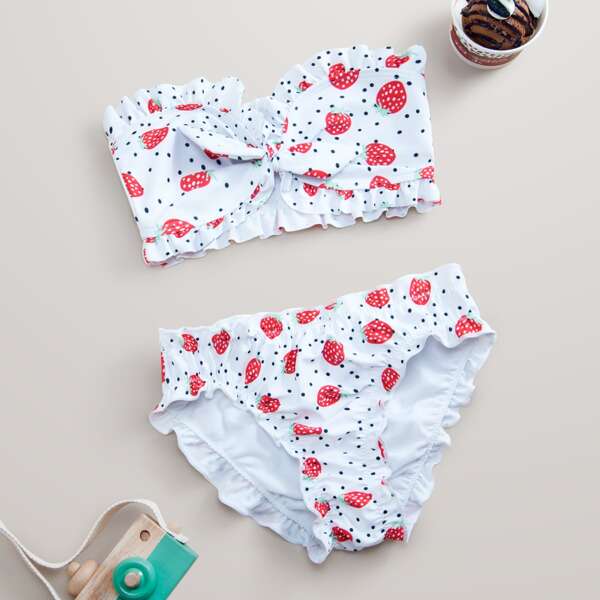 

Girls Strawberry Print Frill Bandeau Bikini Swimsuit, Multicolor