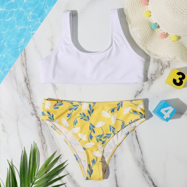 

Girls Floral Rib Bikini Swimsuit, Multicolor
