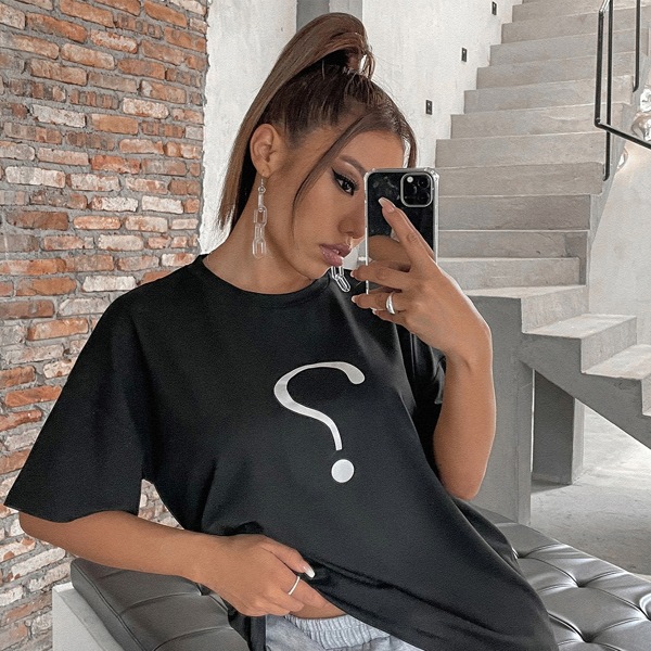 

Drop Shoulder Reflective Print Oversize Tee, Black
