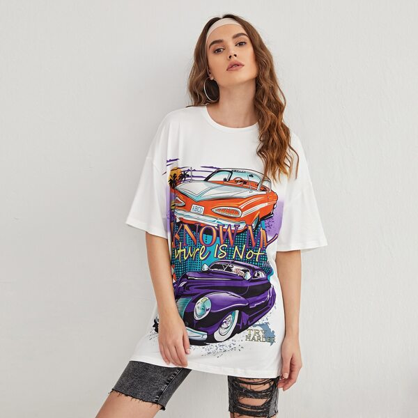 

Drop Shoulder Letter and Car Print Top, White