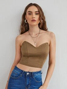 SHEIN Privé 前接縫短版抹胸上衣 - 棕色 - 查看 1