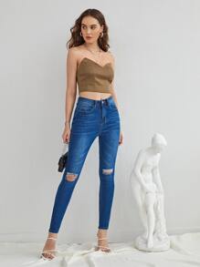 SHEIN Privé 前接縫短版抹胸上衣 - 棕色 - 查看 4