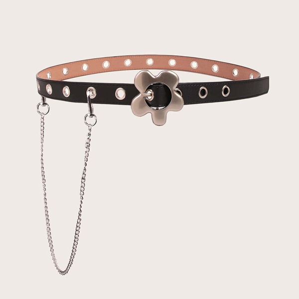 

Eyelet Decor Flower Buckle Belt, Black