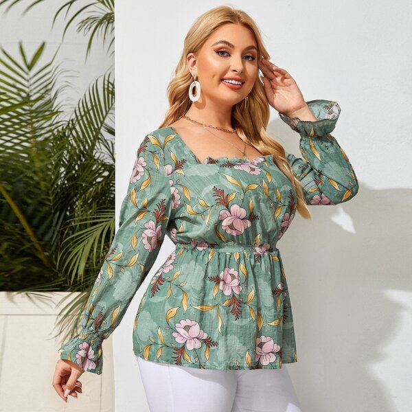 

Plus Floral Print Flounce Sleeve Babydoll Milkmaid Blouse, Mint green