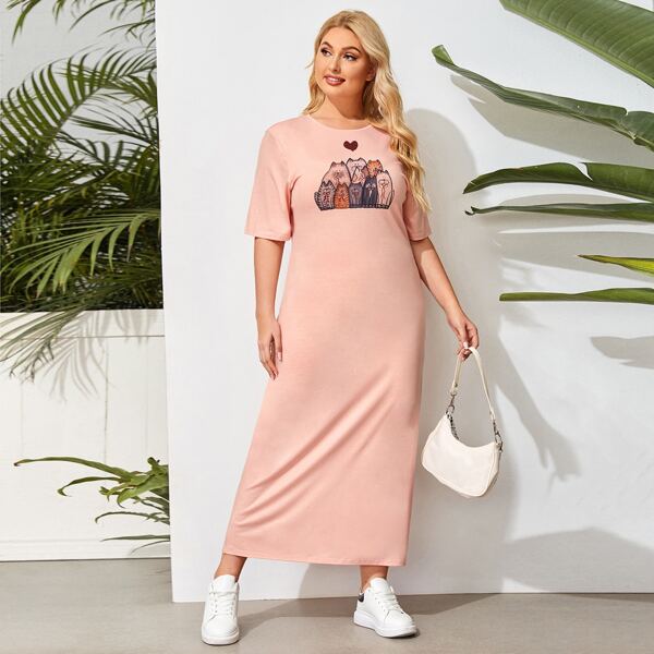 

Plus Heart & Cartoon Graphic Dress, Coral pink