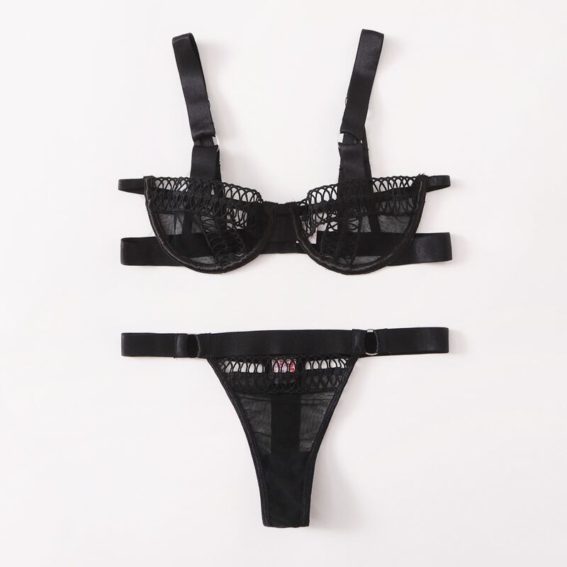 

Hollow Out Mesh Underwire Lingerie Set, Black
