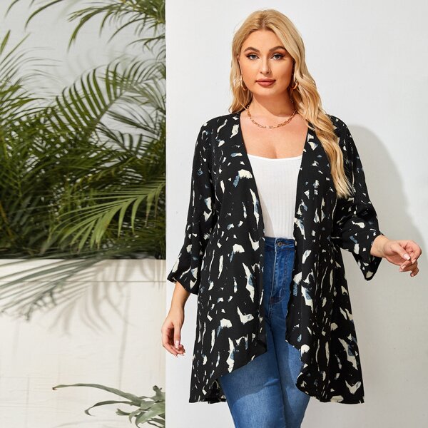 

Plus Allover Print Open Front Kimono, Multicolor