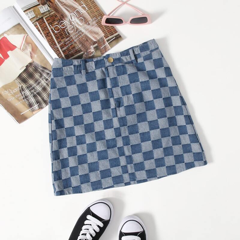 

Checkered Pattern Denim Skirt, Dusty blue