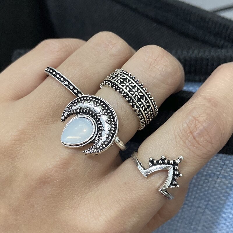 

4pcs Gemstone Ring, Antique silver