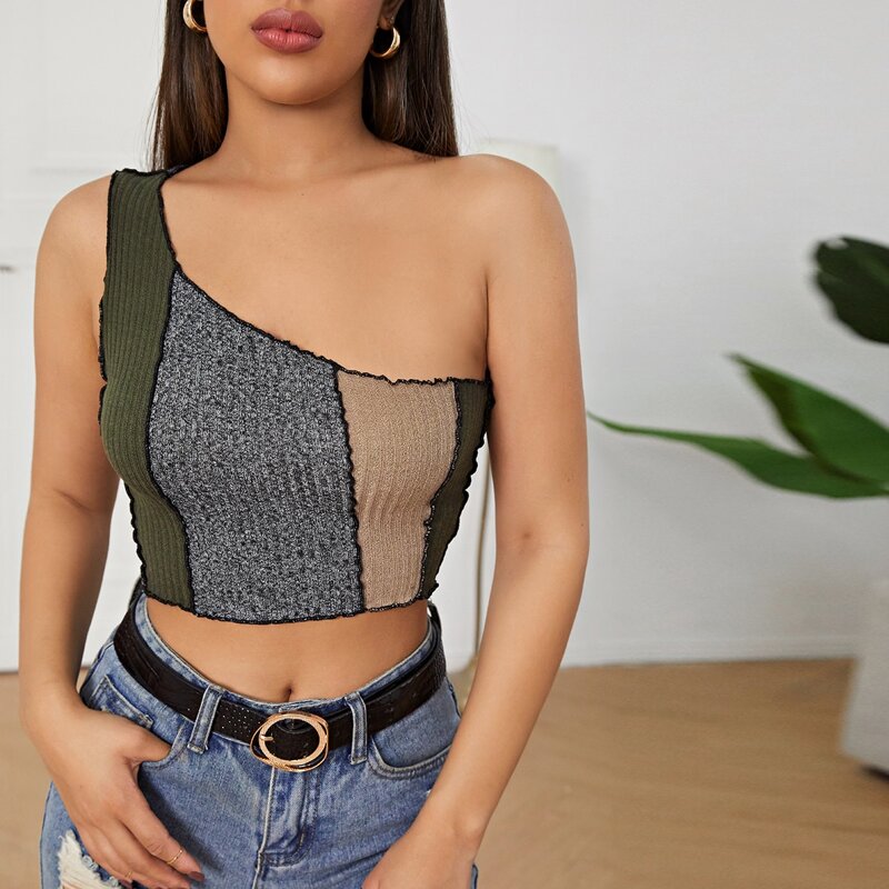 

One Shoulder Colorblock Top, Multicolor