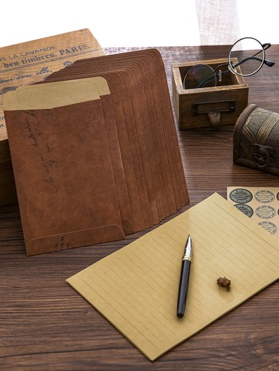 5pcs Vintage Pattern Envelope & 16pcs Writing Paper & 16pcs Sticker