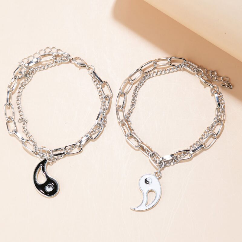 

2pcs Guys Yin & Yang Decor Chain Bracelet, Silver