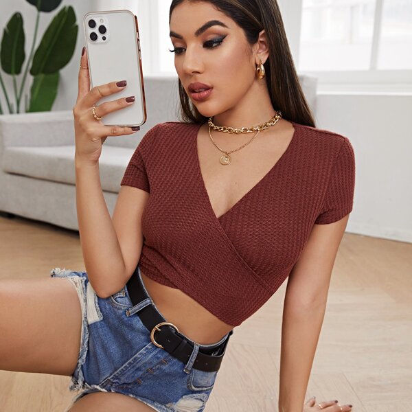 

Solid Surplice Neck Crop Tee, Rust brown